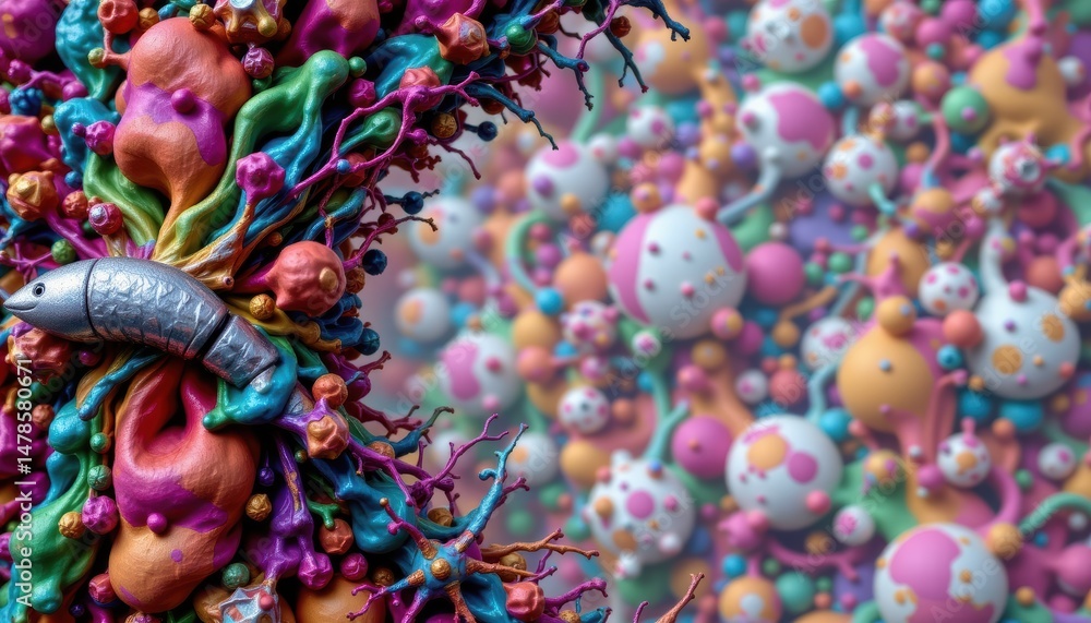 Poster intricate abstract 3d composition with colorful organic shapes and textures in a surreal environment