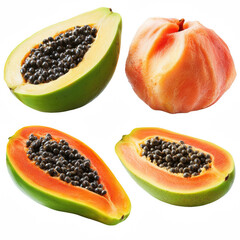 Collection of Whole and Sliced Papaya and Peach Fruits with Black Seeds on a Transparent Background