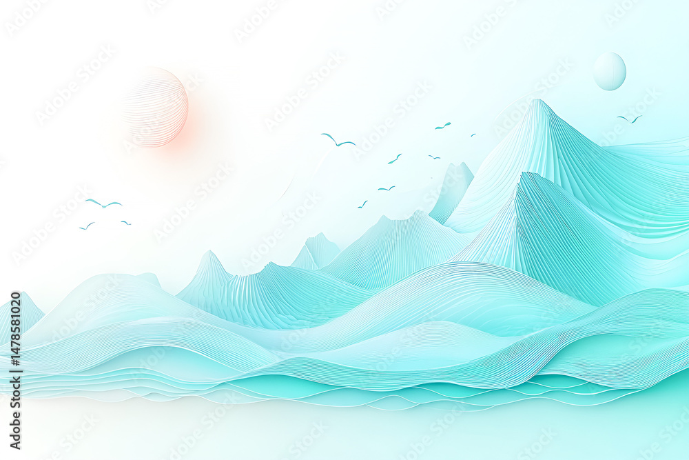 Poster abstract landscape illustration of layered mountains with subtle textures and soaring birds set agai