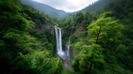 Majestic waterfall cascading through misty green valley