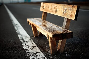 Empty Wooden Bench Highway Side