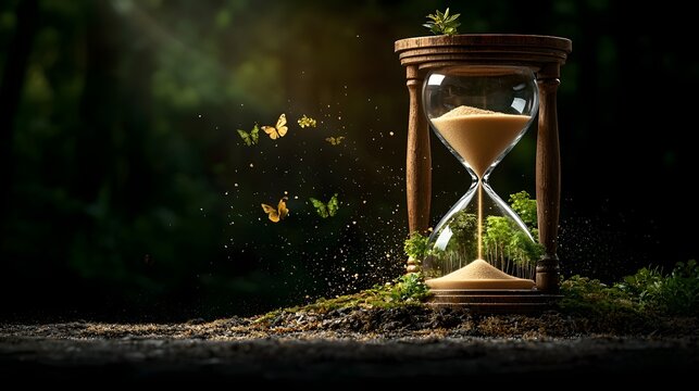 Hourglass with sand flowing into a tiny forest at the bottom symbolizing dwindling time to save our natural environments and ecosystems from destruction