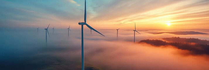 Obraz premium Wind turbines generating energy morning fog sunrise