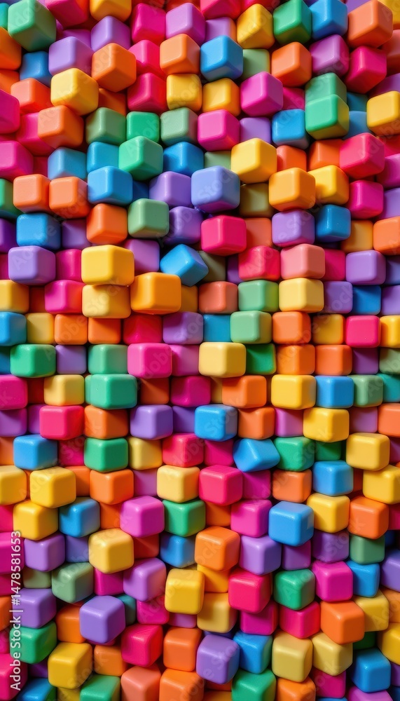 Poster Vibrant Arrangement of Colorful Plastic Cubes in Assorted Shapes and Sizes Creating Playful Background