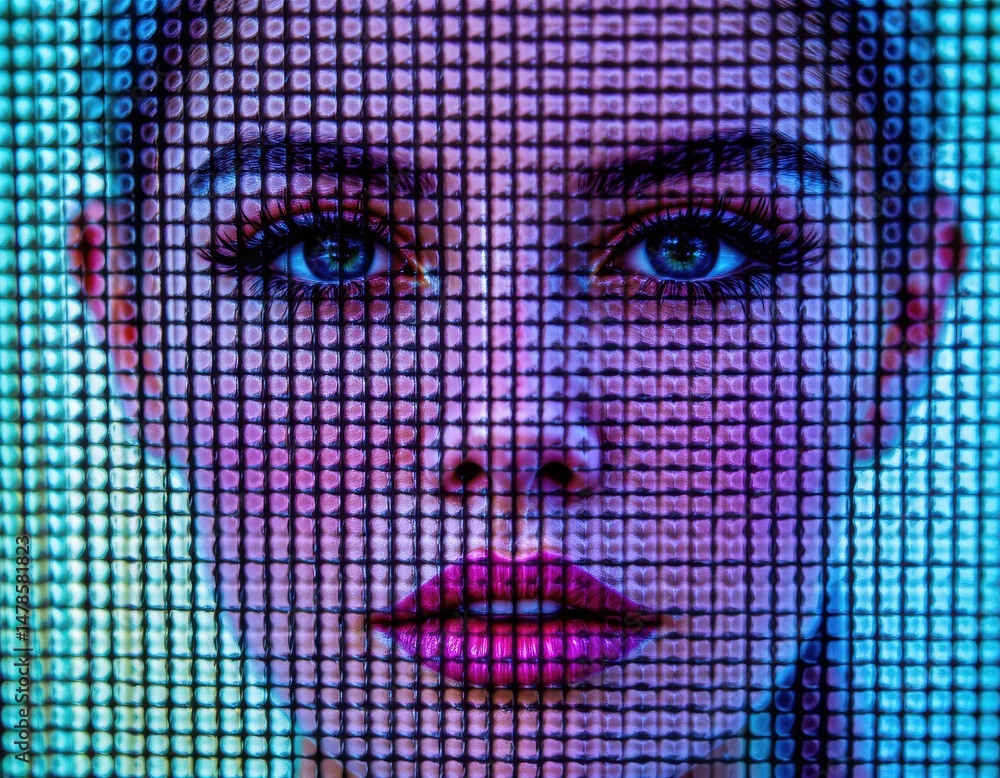 Poster woman's face behind a colorful screen with intricate patterns and detailed expression