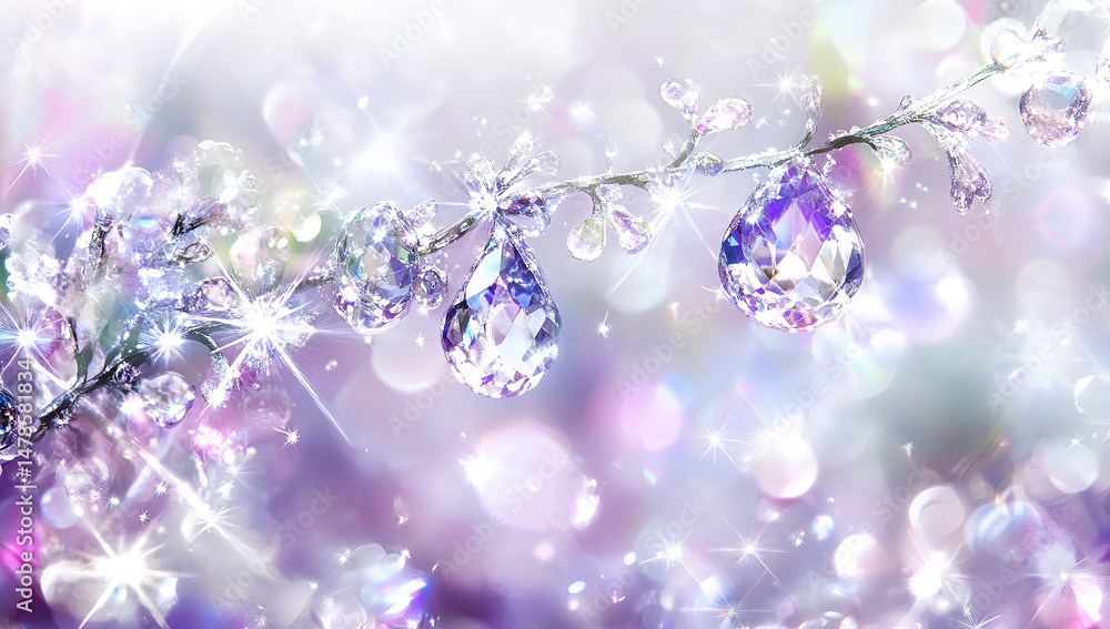 Poster sparkling diamond teardrop pendants and crystals adorn a delicate branch against a dreamy bokeh back