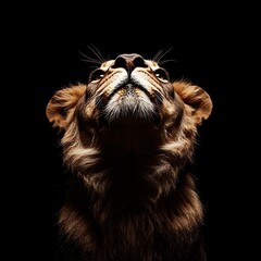 Naklejka premium Lion looking up, dramatic lighting