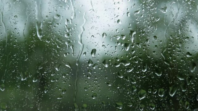 Slow Motion of Raindrops Running Down the Window