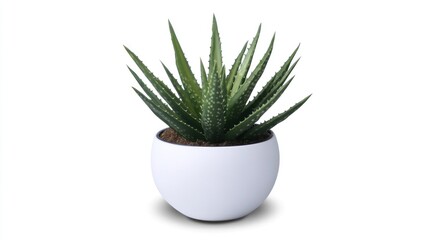 Aloe vera plant in a sleek white pot centered on a plain white background