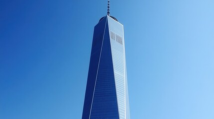 Skyscraper Towering Against a Clear Blue Sky with Modern Architectural Design Elements