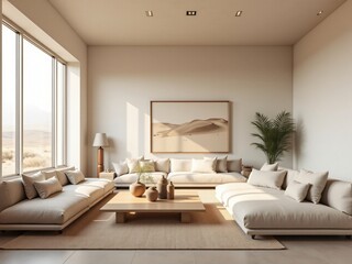 Modern Minimalist Living Room Interior Design with Beige Sofa Desert Landscape Art and Large Window