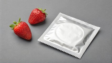 Safe Sex Prevention Condoms and Strawberries on Grey Background