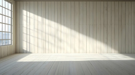 Obraz premium Empty Sunlit Modern White Room With Wooden Walls