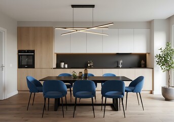Fototapeta premium Modern dining area with blue chairs and contemporary light fixture in kitchen