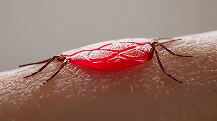 Close-up view of a red insect-like creature on a human finger.  The creature is blood-red, has a patterned texture, and is affixed to a skin surface
