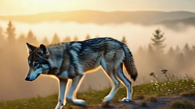 Wolf standing on a hill overlooking a foggy forest at sunrise in the wilderness area