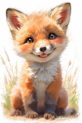 Adorable fox kit, sitting in grass, smiling