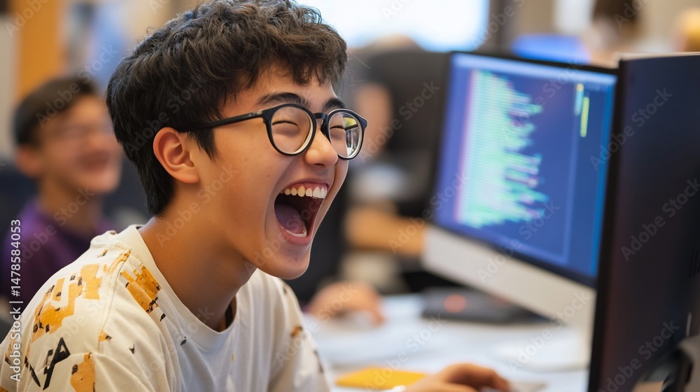 Poster excited young programmer celebrates code success at computer in modern office