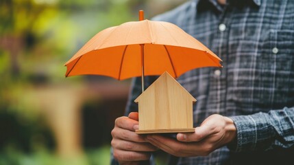 An insurance agent is holding a orange umbrella over a wood house model. Property insurance concept.