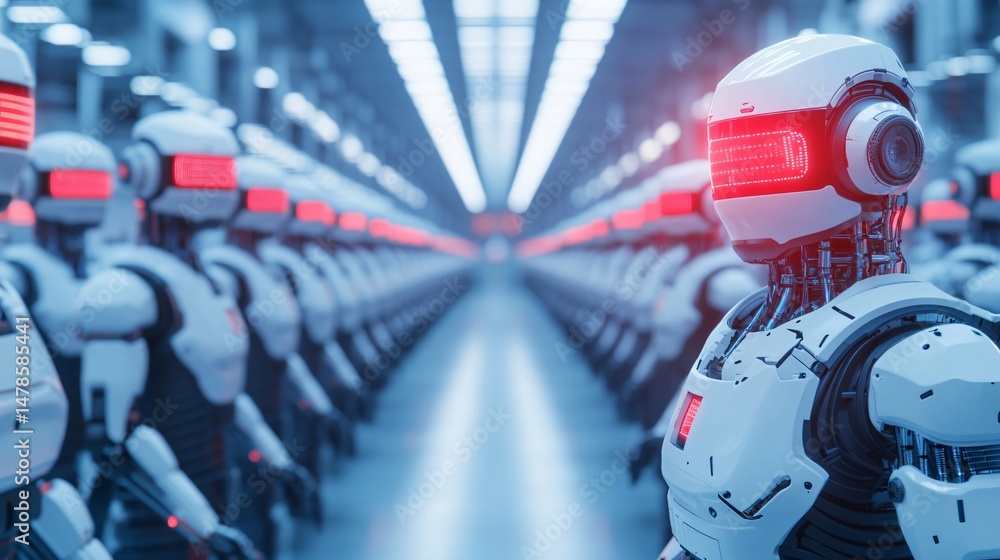 Poster futuristic robot assembly line ai automation and advanced robotics technology
