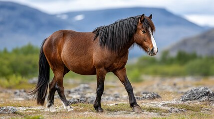 Obraz premium Brown horse walking in nature landscape