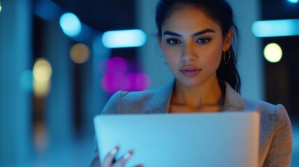 Businesswoman Using Laptop in Nighttime Office