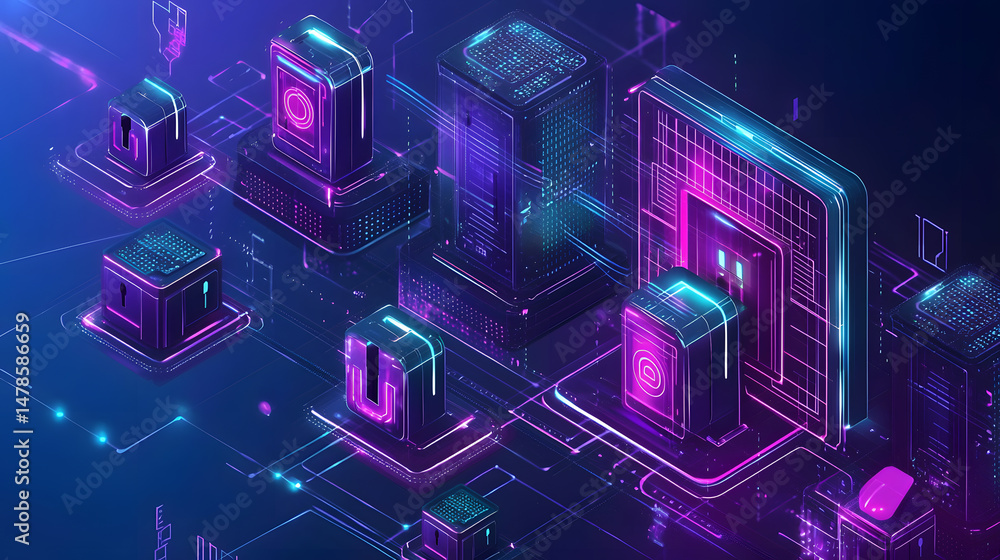 Poster enhancing cybersecurity implementing digital locks and firewalls in virtual environments