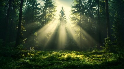 Fototapeta premium Sunlight Piercing Through Tall Pine Trees in a Misty Forest Creating Long Dramatic Shadows on the Ground with Copy Space Included