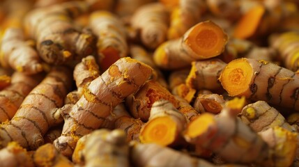 Fresh turmeric roots showcase vibrant colors and textures in a natural setting