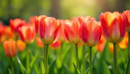 Vibrant tulips blooming in a lush spring garden, bathed in sunlight , orange, sunlight