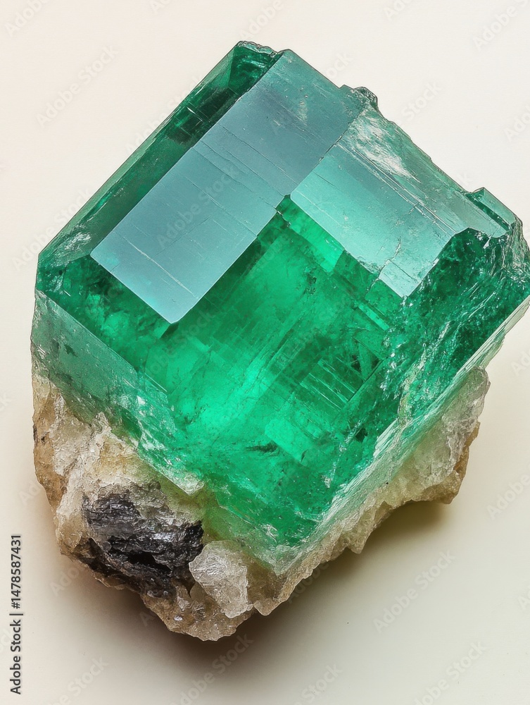 Poster close up of a large natural emerald crystal specimen on matrix displaying bright green color and pri