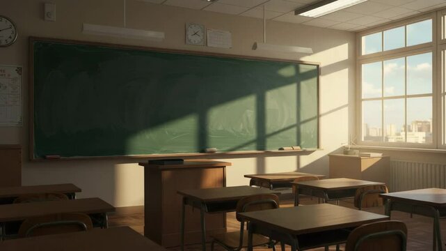 seamless 4k video background. classroom, 4k, empty school classroom with big chalkboard. 