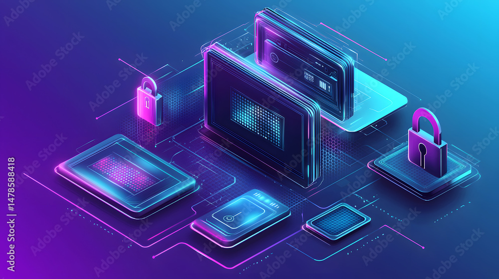 Poster enhancing cybersecurity with digital locks and firewalls in virtual environments