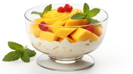 Mango dessert with cream and raspberries in a glass.