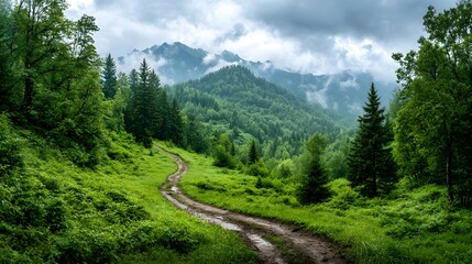 Dramatic mountain peak covered in a thick blanket of lush green forests showcasing a sweeping scenic view of the vast untamed wilderness beyond  The image evokes a sense of adventure solitude