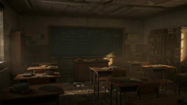 old school classroom, wooden desks, chalkboard, Animation empty school or university classroom with big chalkboard. 4k video, empty classroom, abandoned school classroom, vintage classroom,