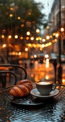 Obraz premium Rainy cafe with croissant, coffee, and city.