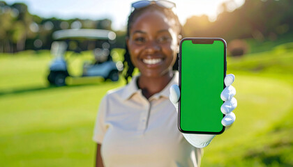 person wearing golf glove holding a smartphone mockup with green screen at golf course.