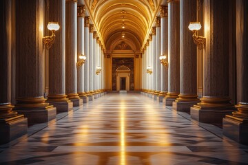 Grand interior hallway with golden tones