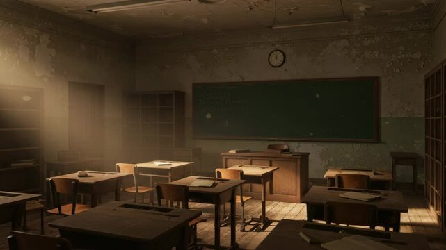 Animation empty school or university classroom with big chalkboard. chalkboard,4k video, empty classroom, abandoned school classroom, vintage classroom, old school classroom, wooden desks,