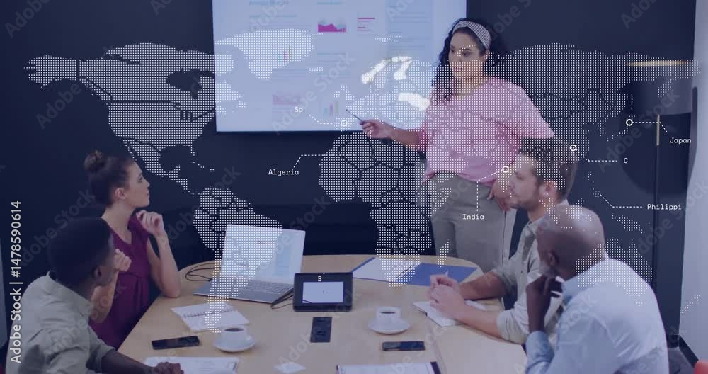 Poster colleagues discussing business report in office showing animated graphs and world map overlay