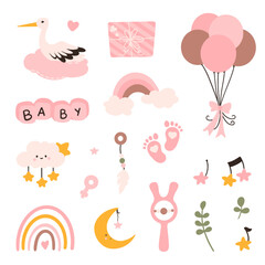 Toddler nursing and health care and hygiene products with decorative elements for baby shower design.	
