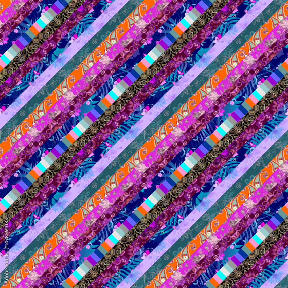 Wall mural bright seamless diagonal multicolor patchwork pattern. variegated stripes in vector. beautiful print