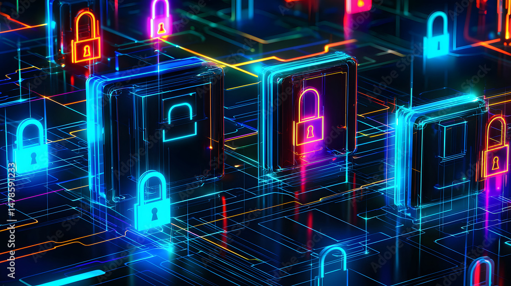 Poster implementing cybersecurity protecting digital assets with locks and firewalls in the tech environmen