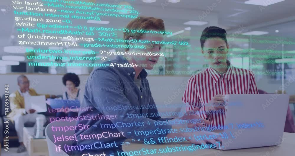 Poster colleagues discussing code at white table with laptop and mug, showing animated programming lines