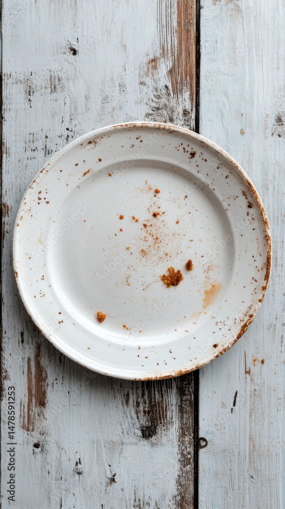 Poster overhead shot of empty plate with crumbs on rustic white wood table top surface after meal consumpti