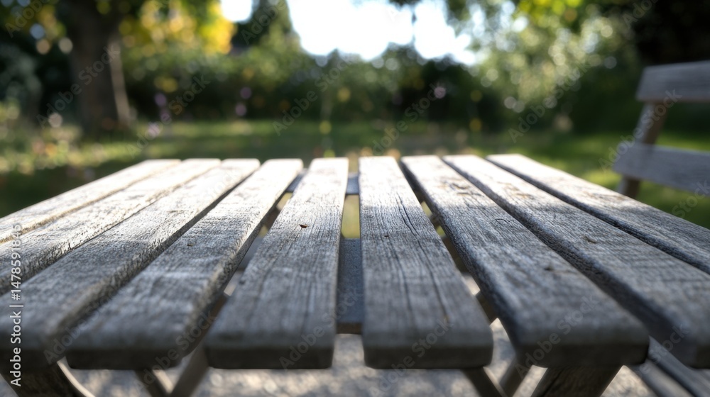 Poster rustic wood table in sunlit garden setting macro shot showing texture and detail perfect for backgro