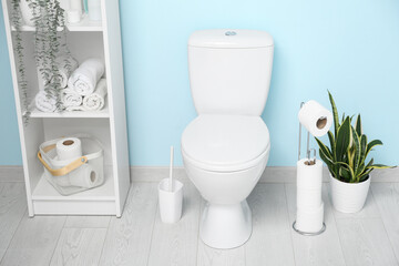 Interior of restroom with toilet bowl, houseplant and shelving unit near blue wall