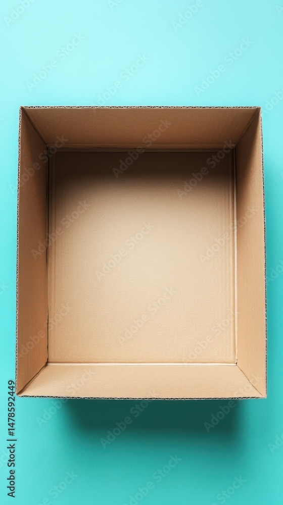 Aufkleber overhead shot of open cardboard box on turquoise background with shadow for product placement or shi