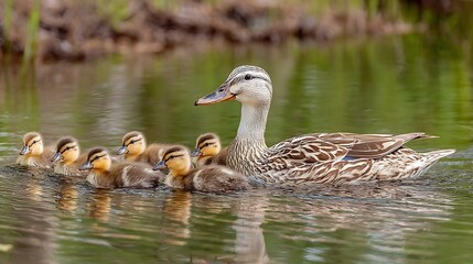 Duck and ducklings swim together in water